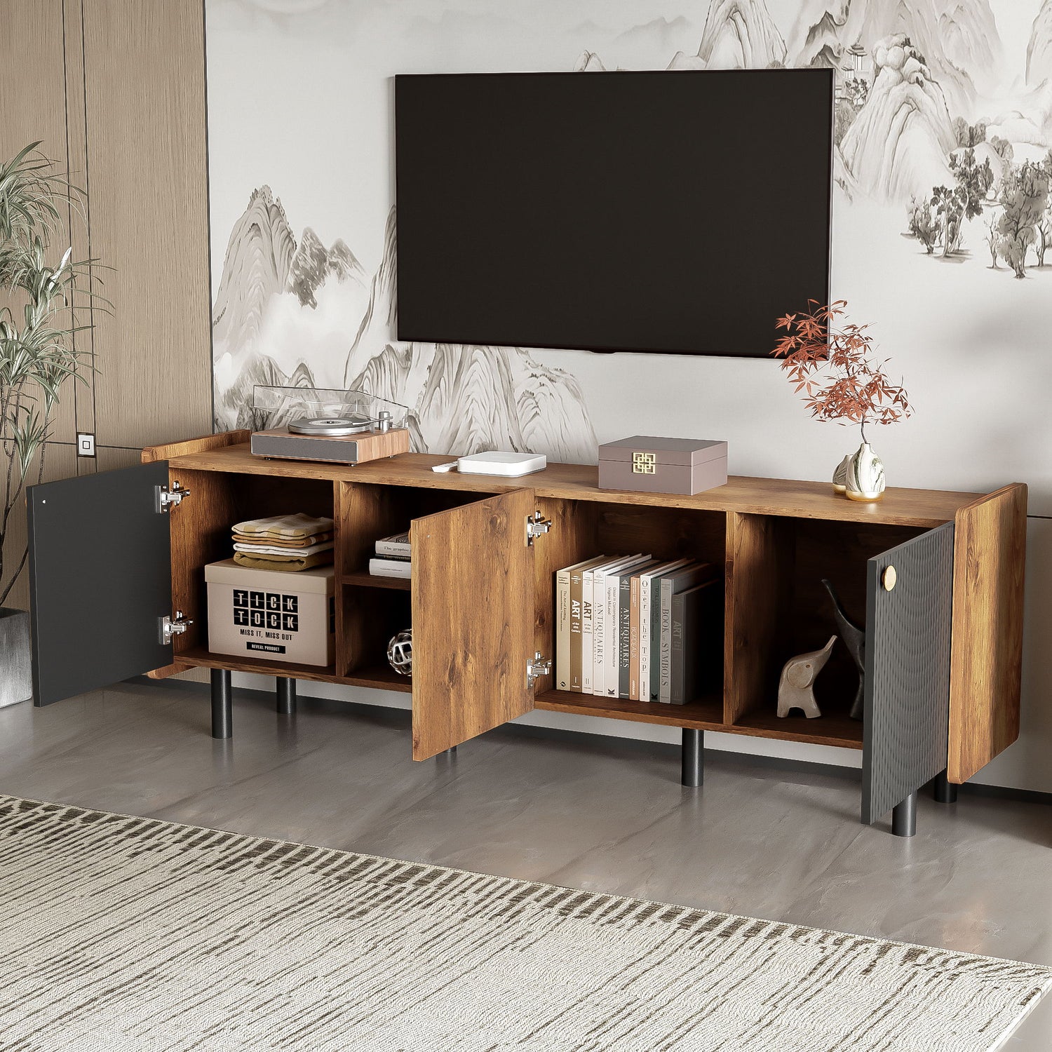 Mid Century TV Stand & 3 Cabinets, Media Console Table For Tvs Up To 70'', Entertainment Center With Storage For Living Room - Black / Brown