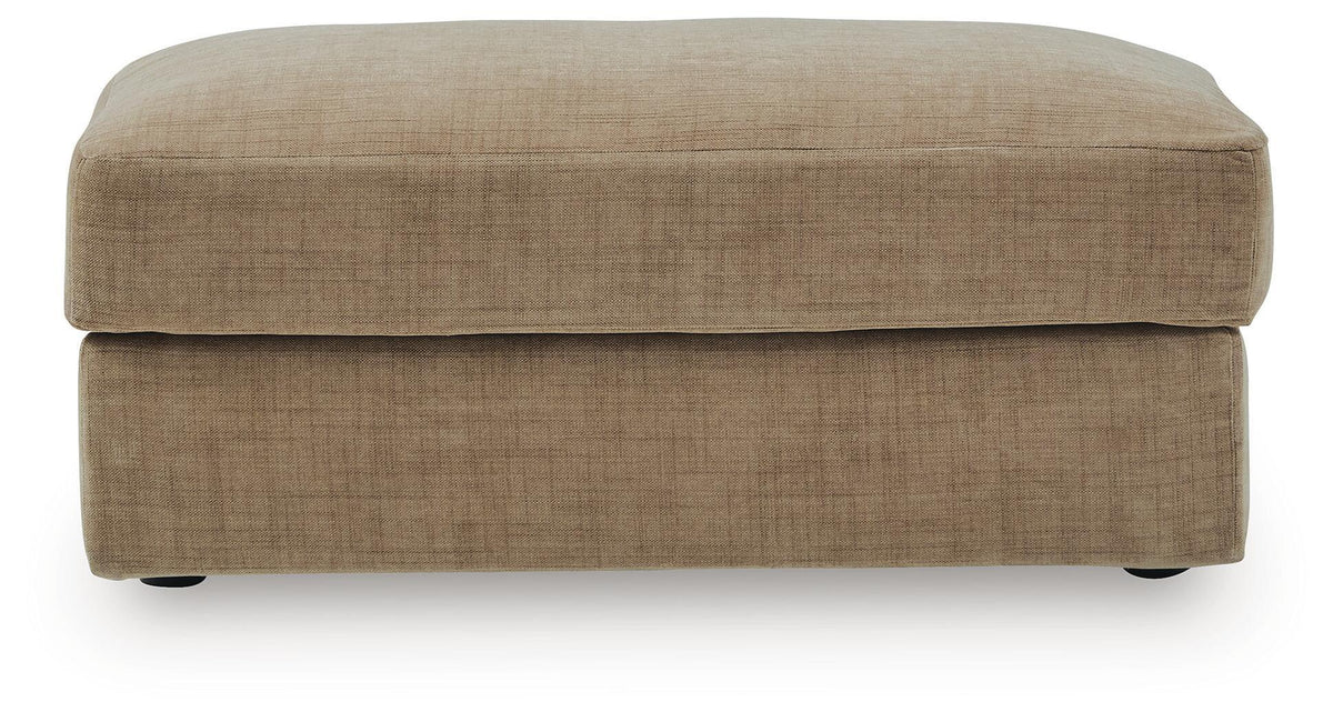 Honey beige upholstered ottoman with rounded top and storage lid