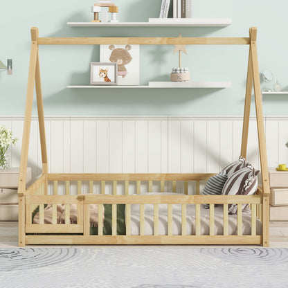 Natural rubber wood tent-style floor bed with guardrails and slatted base