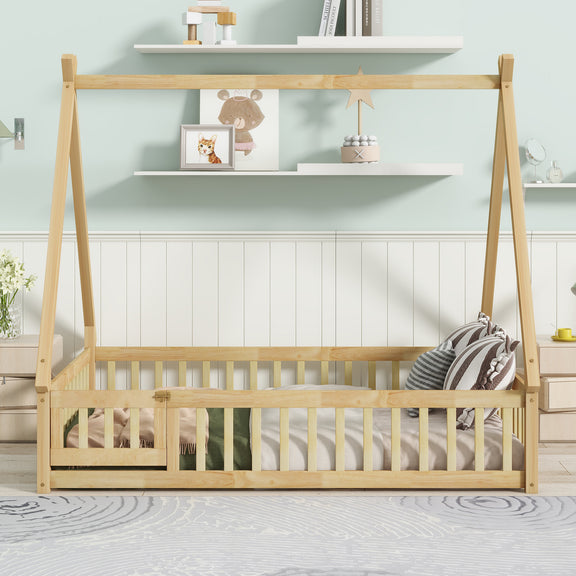 Natural rubber wood tent-style floor bed with guardrails and slatted base