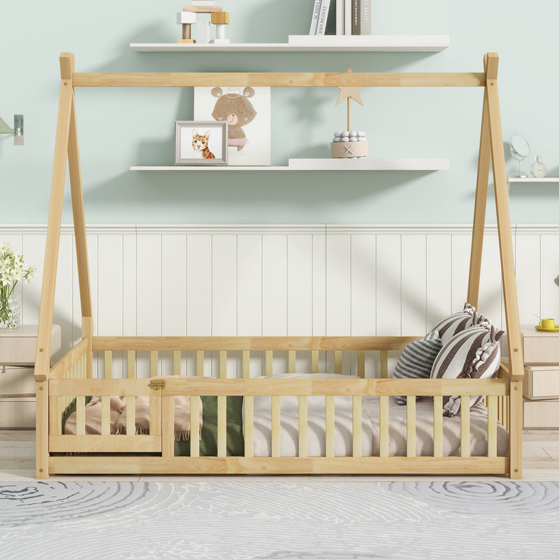Natural rubber wood tent-style floor bed with guardrails and slatted base