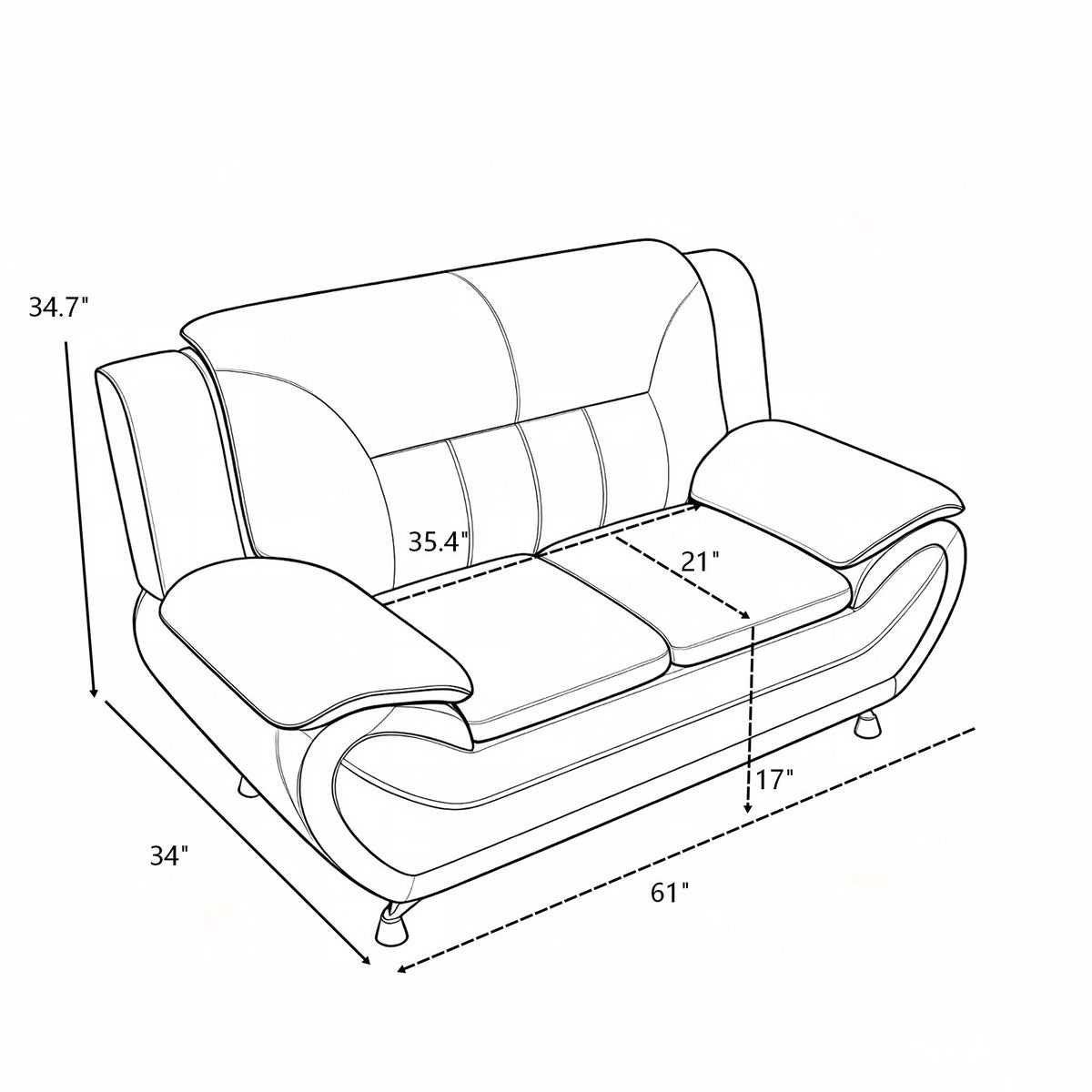 Upholstered loveseat sofa diagram with measurements; two-seat backrest and armrests