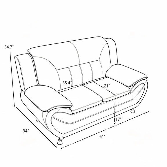 Upholstered loveseat sofa diagram with measurements; two-seat backrest and armrests