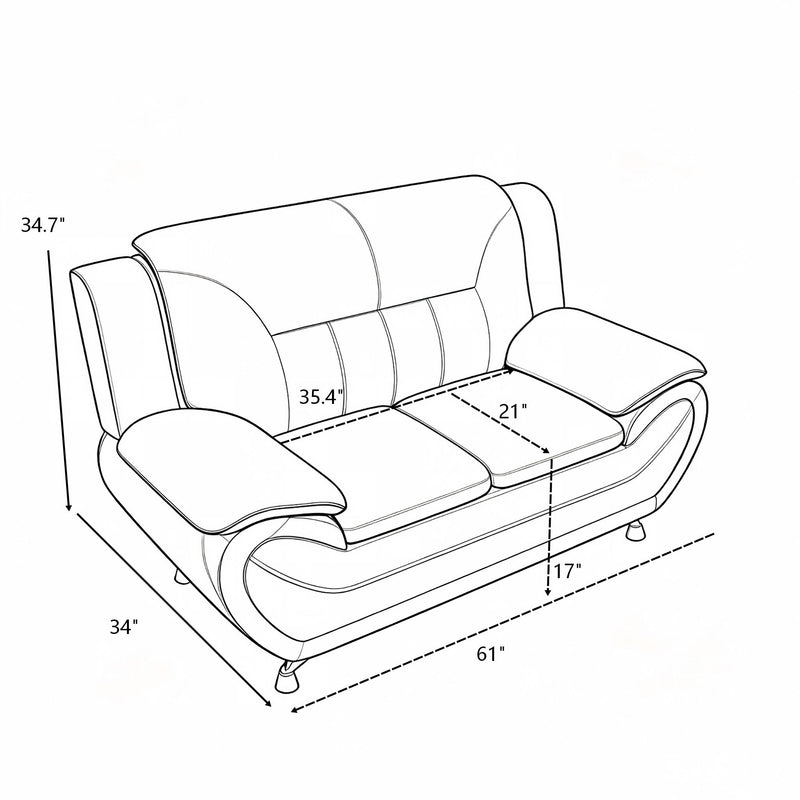 Upholstered loveseat sofa diagram with measurements; two-seat backrest and armrests