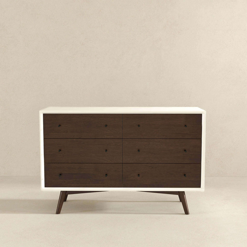 Mid-Century Modern White Dresser 6 Drawer - Dark Brown / White
