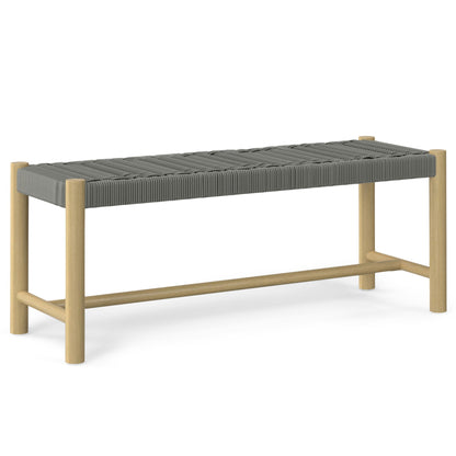 Dark gray woven outdoor bench with light wood frame and side support rails