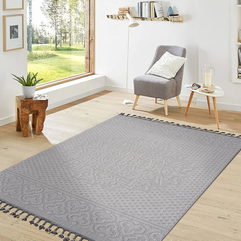 Indoor/outdoor medallion area rug in light gray with tasseled edge