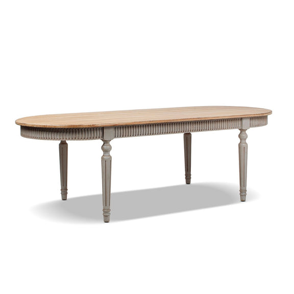 Oval dining table with wood slat top and gray turned legs