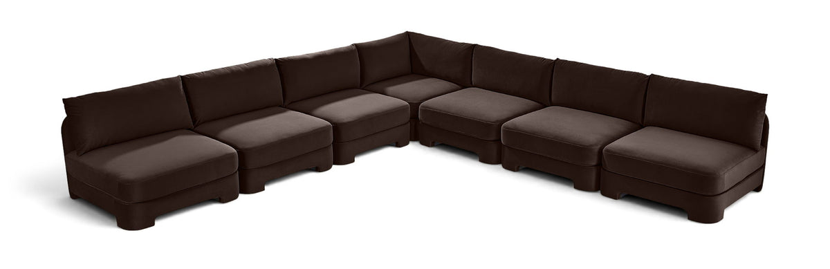 Dark brown armless velvet sectional sofa with ottoman-style seats, 7-piece set