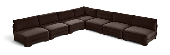 Dark brown armless velvet sectional sofa with ottoman-style seats, 7-piece set