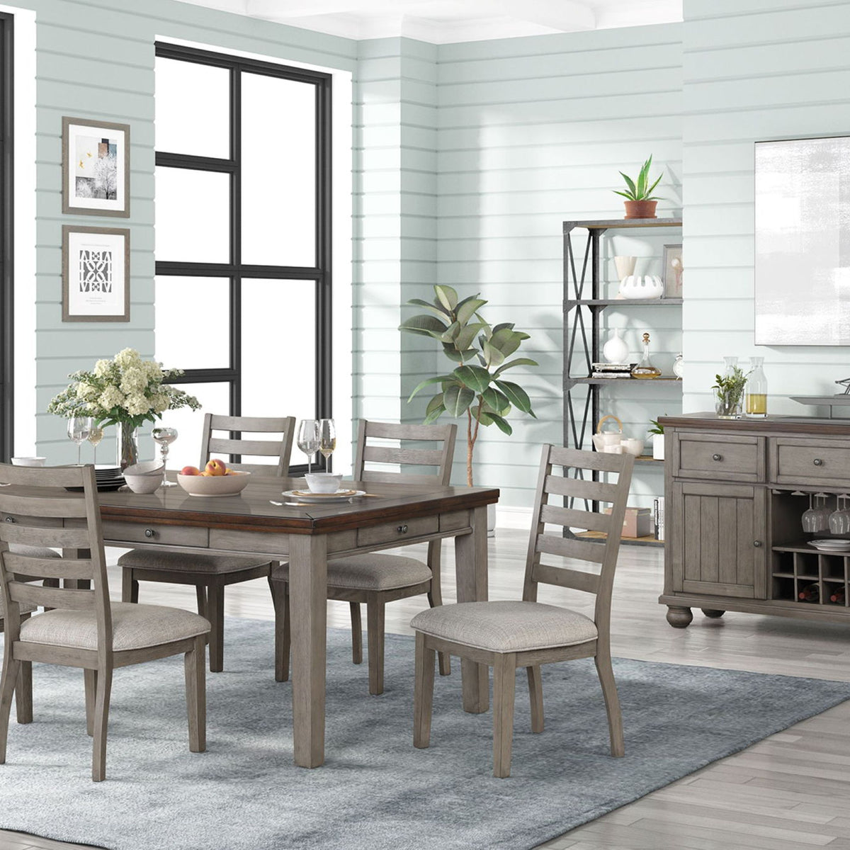 Gray rustic two-tone server cabinet with two drawers and paneled doors, open center shelves