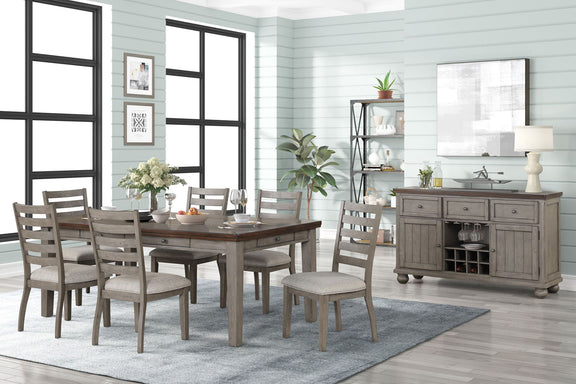 Gray rustic two-tone server cabinet with two drawers and paneled doors, open center shelves
