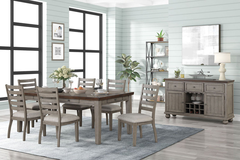 Gray rustic two-tone server cabinet with two drawers and paneled doors, open center shelves
