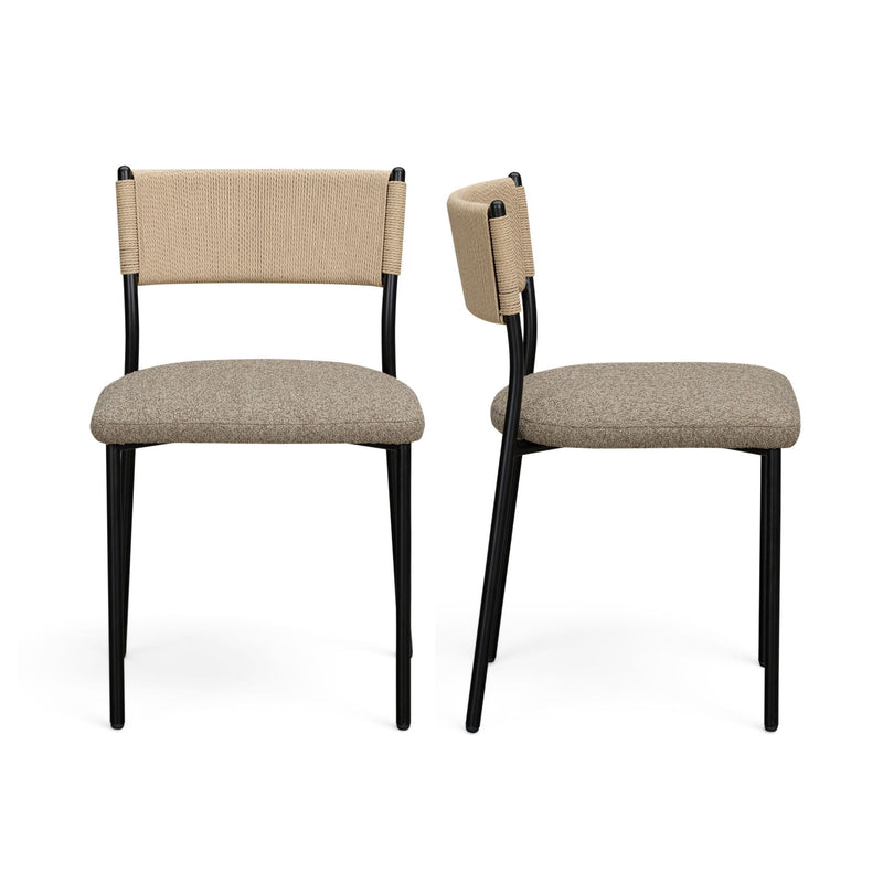 Boucle dining chair set of 2 with beige fabric back, light gray seat, and black legs