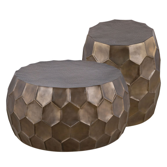 2-piece round ottoman table set, metallic hex-pattern sides, gray tops