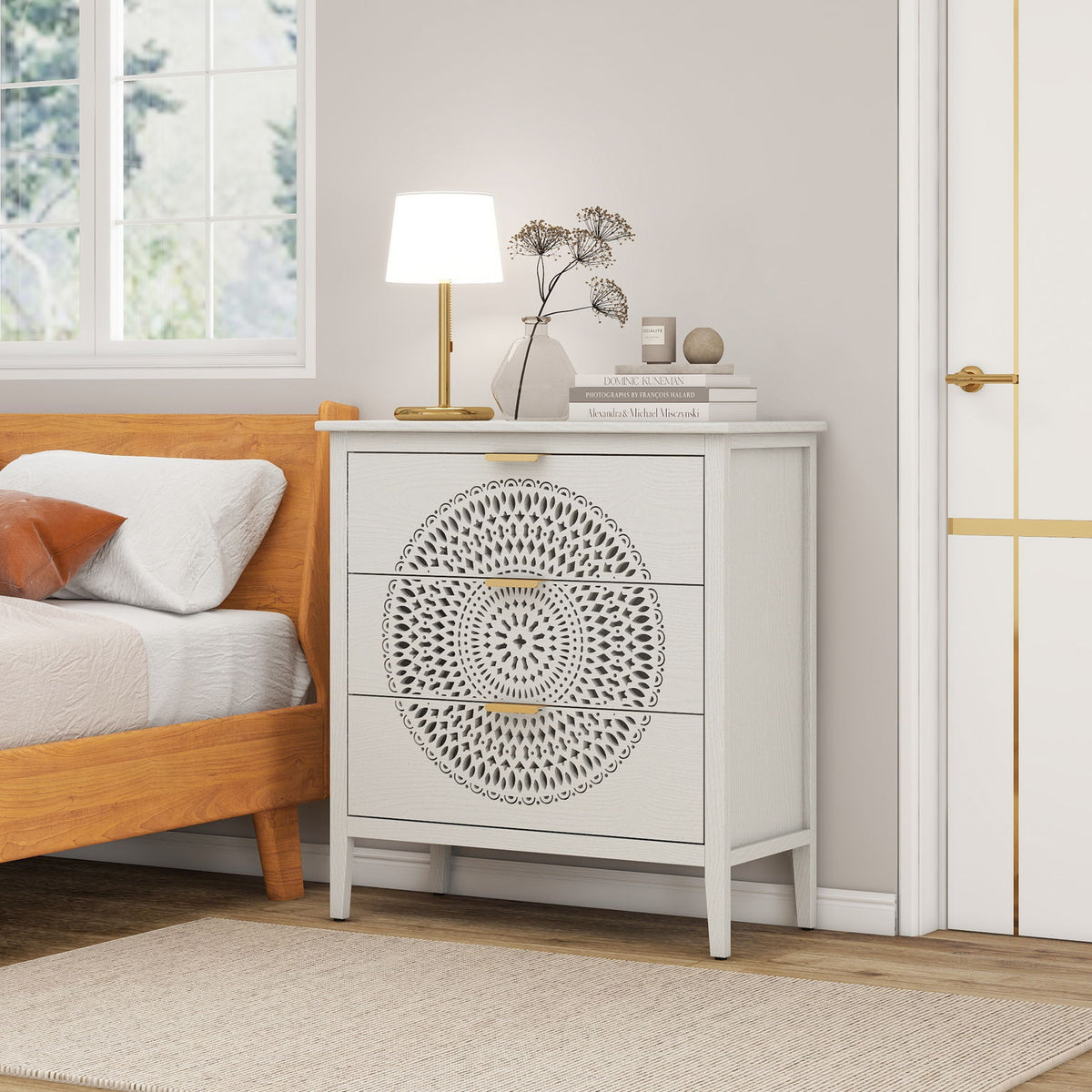 3 Drawer Cabinet With Hollow Carved 3 Drawer Dresser Storage Chest With Metal Handles For Entryway Living Room Bedroom - Beige