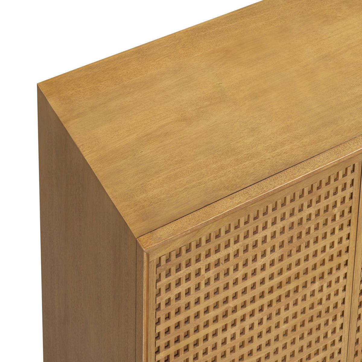Natural sideboard close-up: woven rattan door texture and smooth wood top