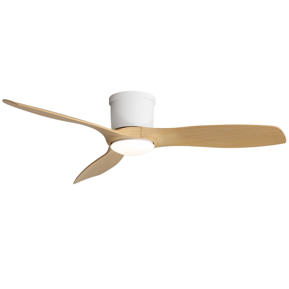 Light brown flush-mount ceiling fan with 3 tan blades and frosted LED light
