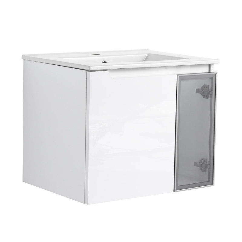 White wall-mounted bathroom vanity with integrated sink and right-side glass door