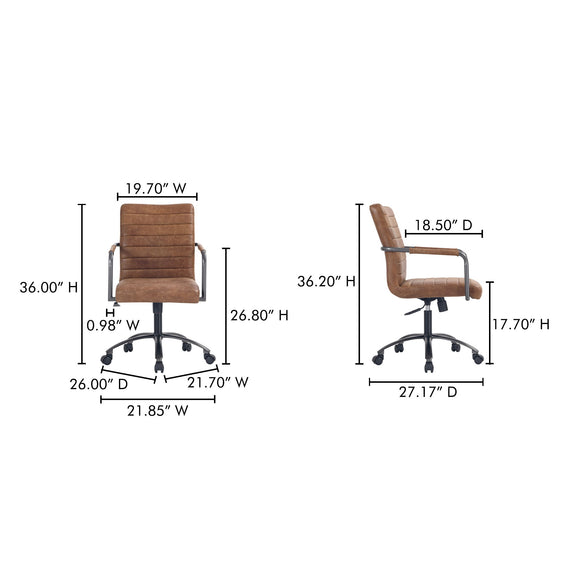 Brown leather swivel office chair with adjustable-height stem and armrests