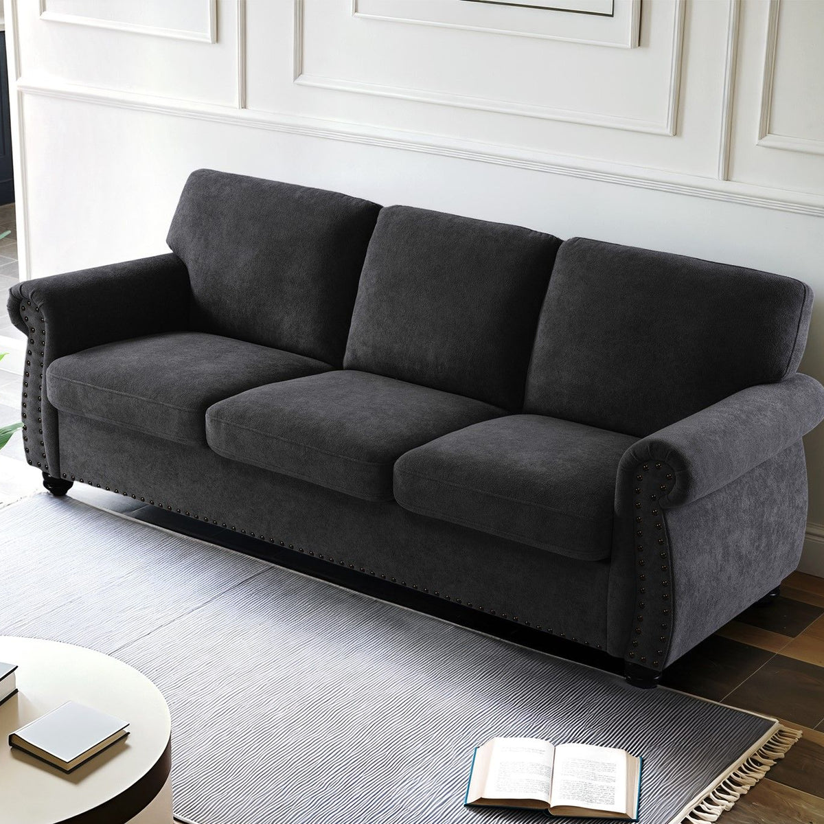 Soft Sofa, Upholstered 3 Seater Couch With High Density Foam, Loose Back Cushions And Turned Legs
