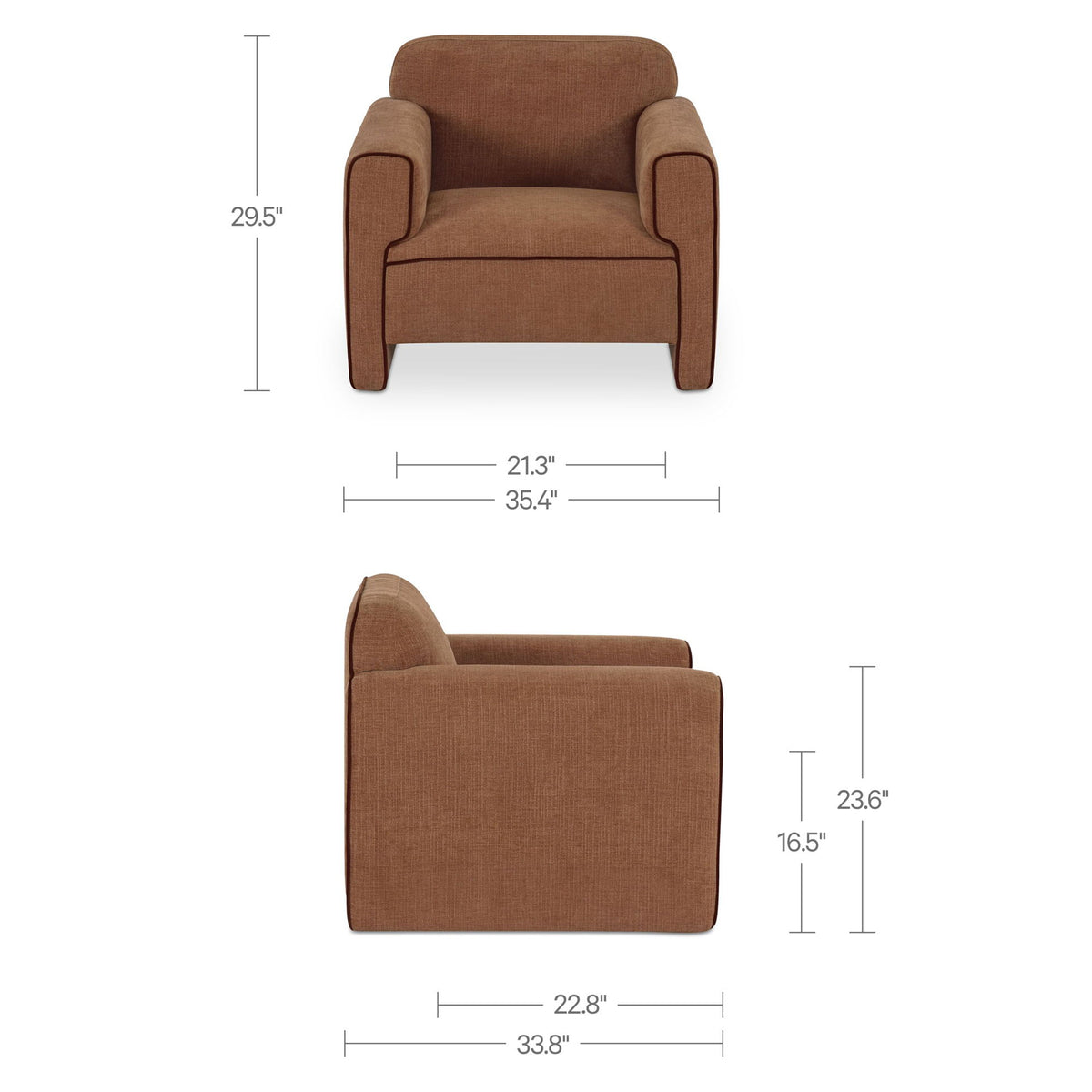 Light brown accent chair layout with front, side views and size dimensions.