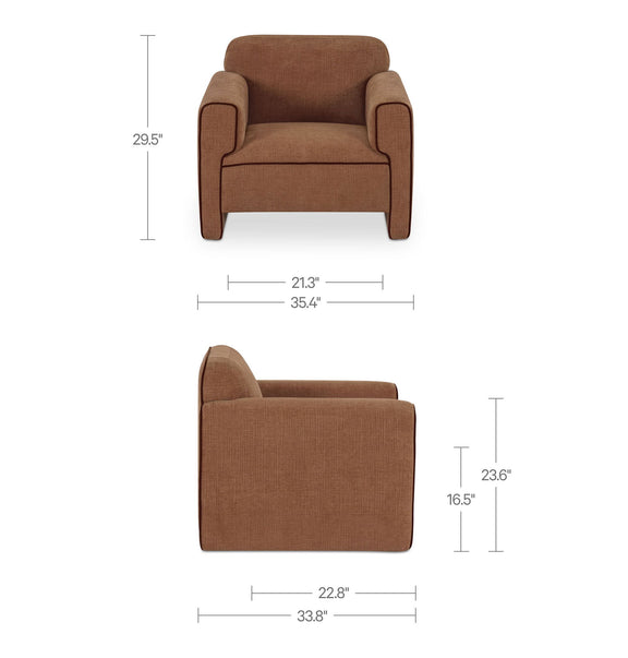 Light brown accent chair layout with front, side views and size dimensions.