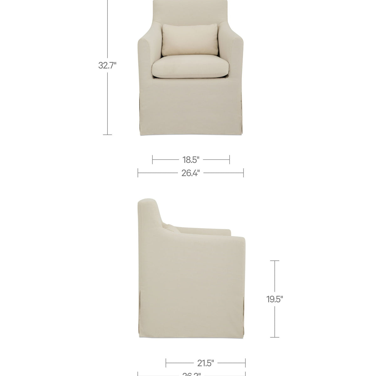 Cream outdoor dining chair slipcover, shown from side with seat cushion and armrests.