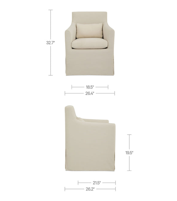 Cream outdoor dining chair slipcover, shown from side with seat cushion and armrests.