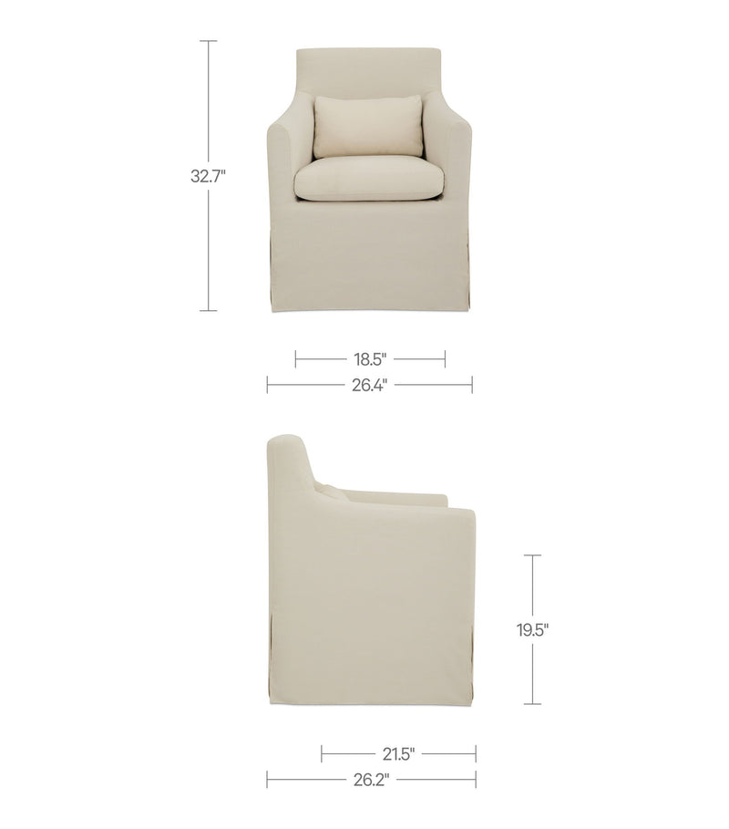 Cream outdoor dining chair slipcover, shown from side with seat cushion and armrests.