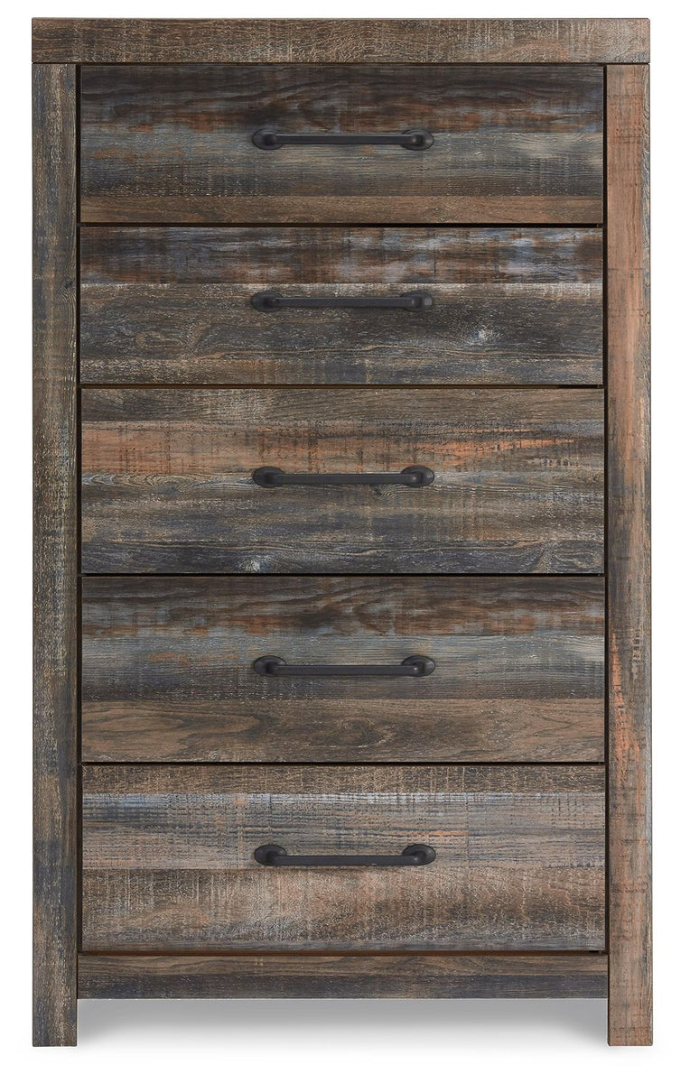 Five-drawer chest, distressed brown and gray wood with black bar handles