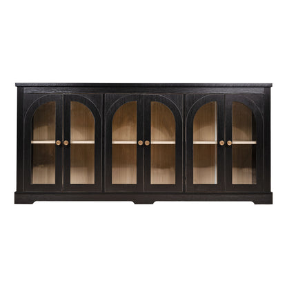 Black arched glass sideboard with 6 doors and brass knobs, cabinet storage