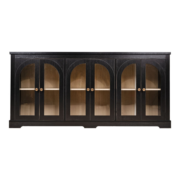Black arched glass sideboard with 6 doors and brass knobs, cabinet storage