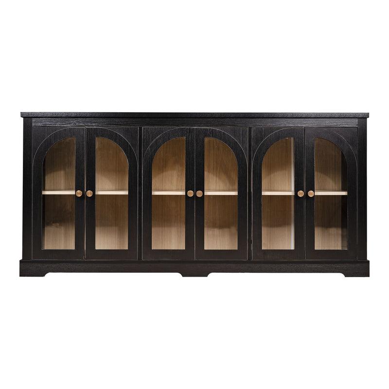 Black arched glass sideboard with 6 doors and brass knobs, cabinet storage