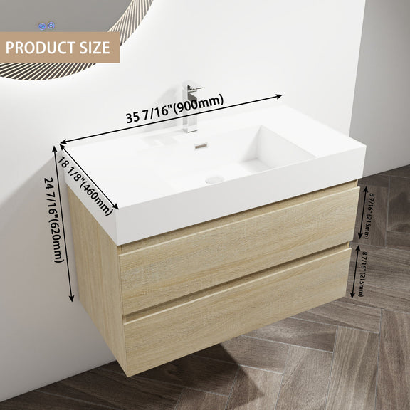 Light brown wall-mounted bathroom vanity with white sink basin and two soft-close drawers
