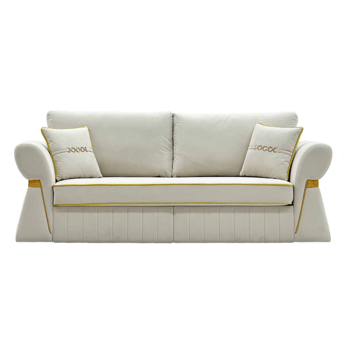White three-seat sofa with two cushions and gold-tone piping