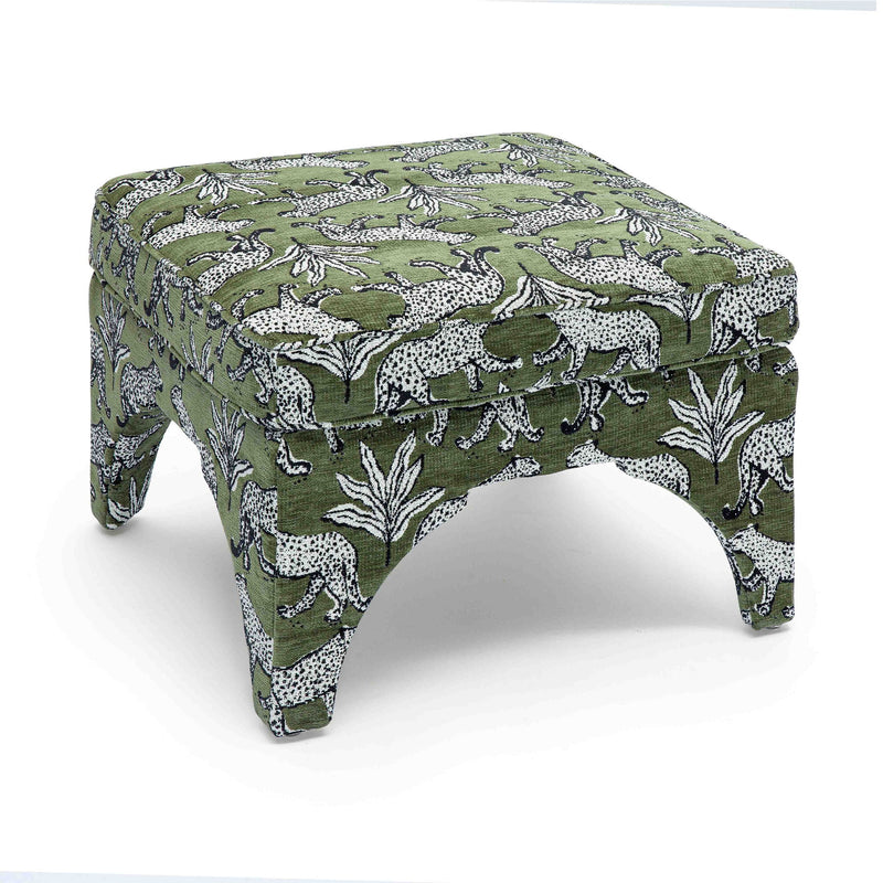 Upholstered ottoman in dark green with white jungle animal print, padded top, short legs