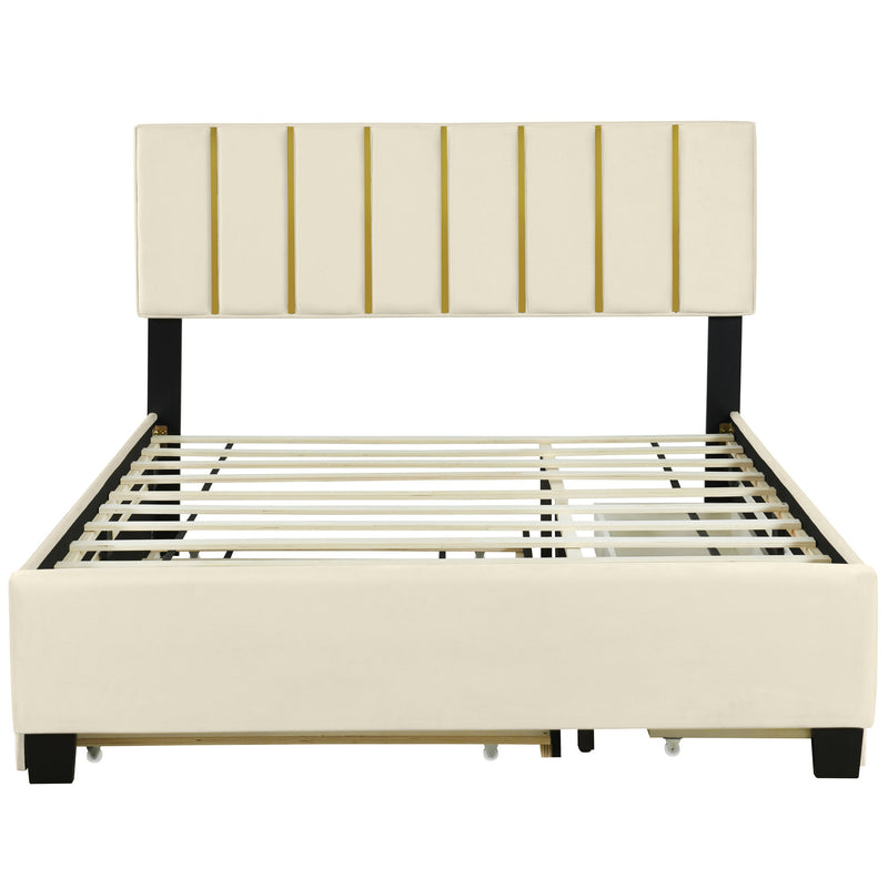 Upholstered Platform Bed With 2 Drawers And 1 Trundle, Classic Strip Headboard Design