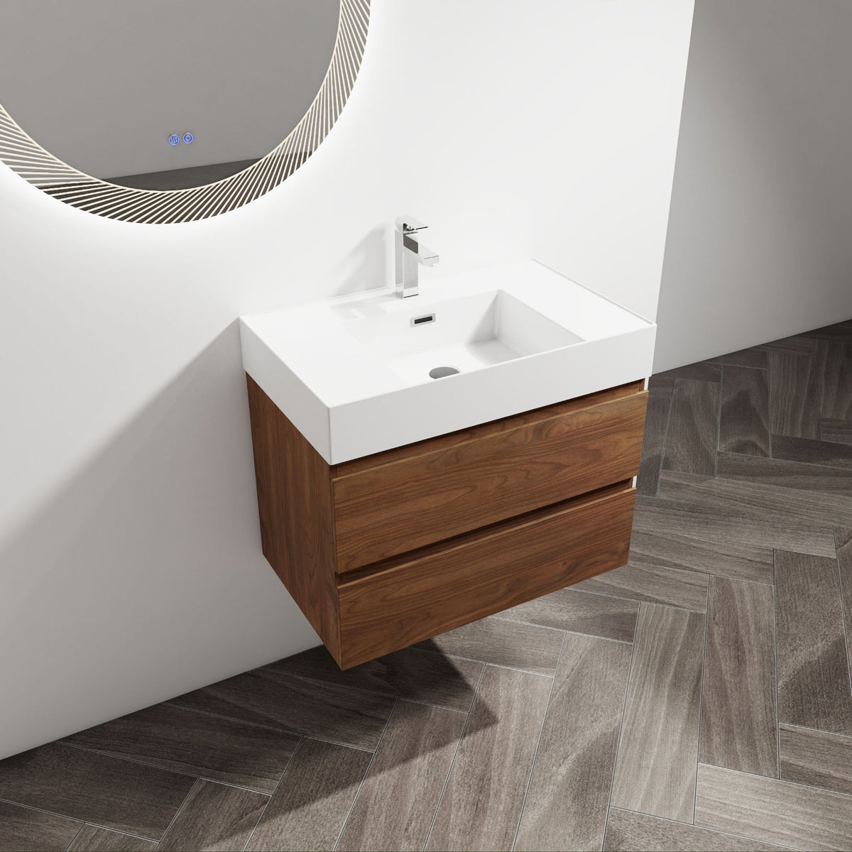 Dark brown wall-mounted bathroom vanity with white sink basin and two soft-close drawers
