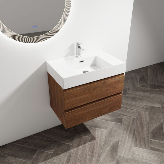 Dark brown wall-mounted bathroom vanity with white sink basin and two soft-close drawers