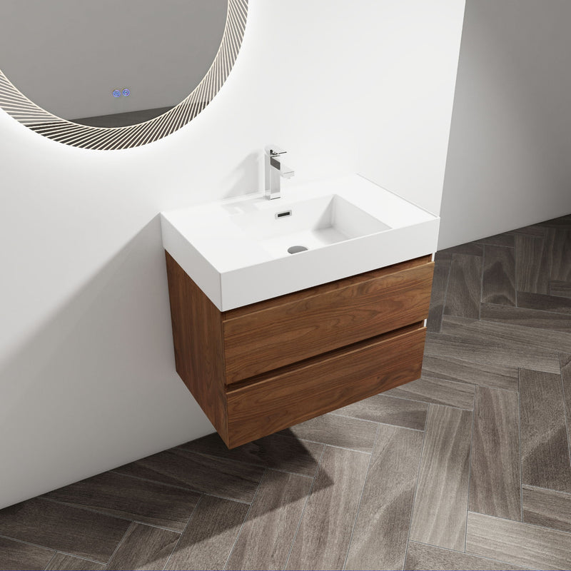 Dark brown wall-mounted bathroom vanity with white sink basin and two soft-close drawers