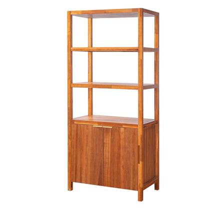 Light brown wooden storage bookcase with 2 open shelves and double doors at bottom