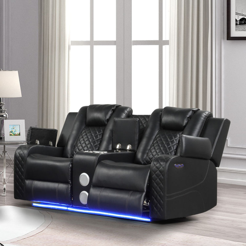 Black power reclining loveseat with quilted arm panels and blue LED light strip