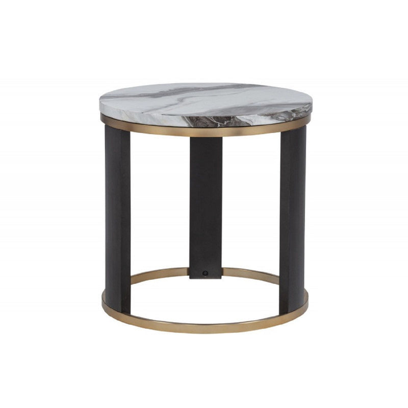 Round side table with marble-look tabletop, two black posts, gold accent base