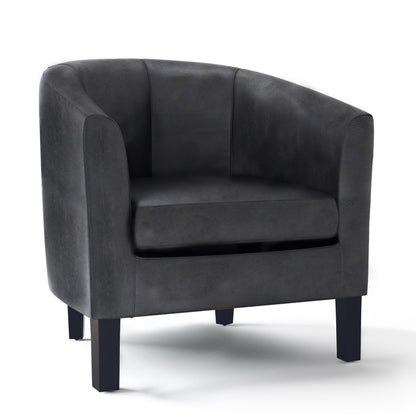 Black upholstered tub chair with rounded arms, deep seat, and short legs.
