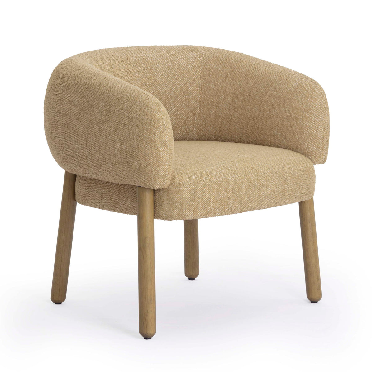 Beige upholstered accent chair with rounded armrests and short wooden legs