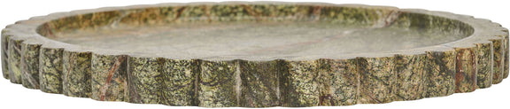Green genuine marble tray side view with thick rim and scalloped edge