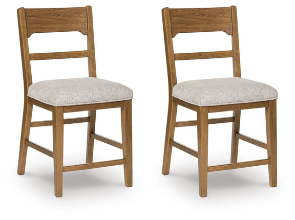 Set of 2 light brown upholstered barstools with oatmeal cushions and ladder backs