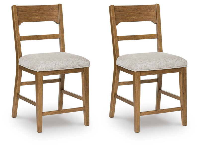 Set of 2 light brown upholstered barstools with oatmeal cushions and ladder backs