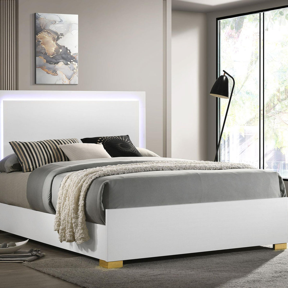 Marceline Wood Queen LED Panel Bed White